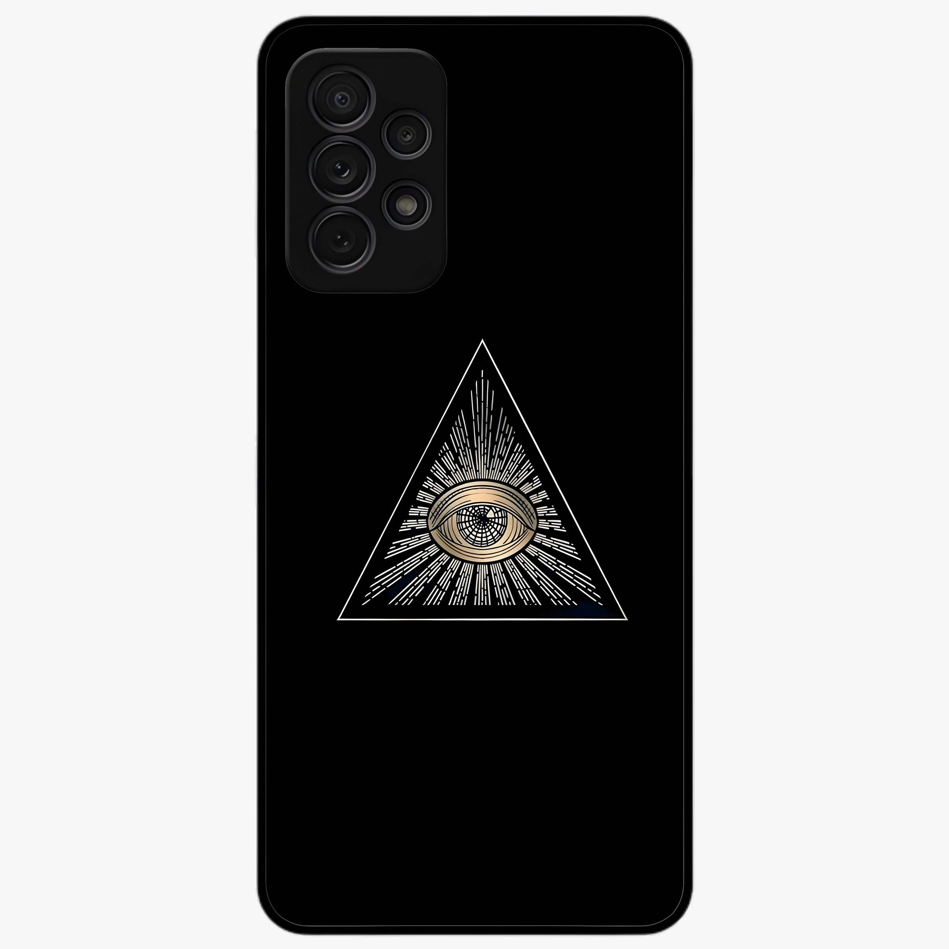 Illuminati Evil Glass Case showing flat back view with mysterious illuminati symbol artwork and glossy glass finish.