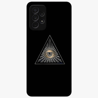 Illuminati Evil Glass Case showing flat back view with mysterious illuminati symbol artwork and glossy glass finish.