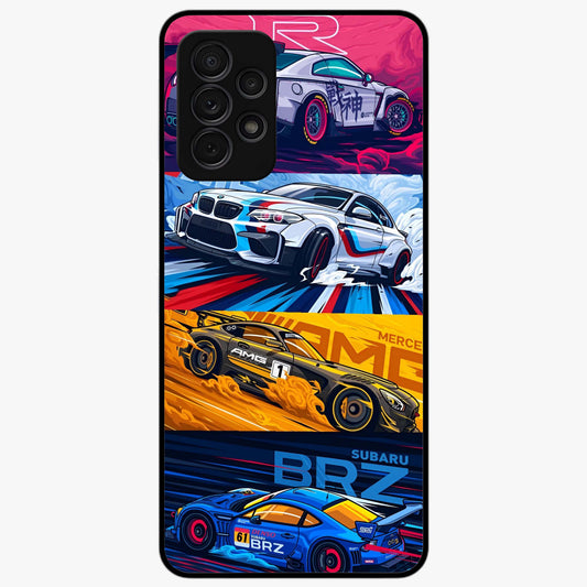 JDM Sports Car Glass Case showing flat back view with high performance sports car artwork and glossy glass finish.