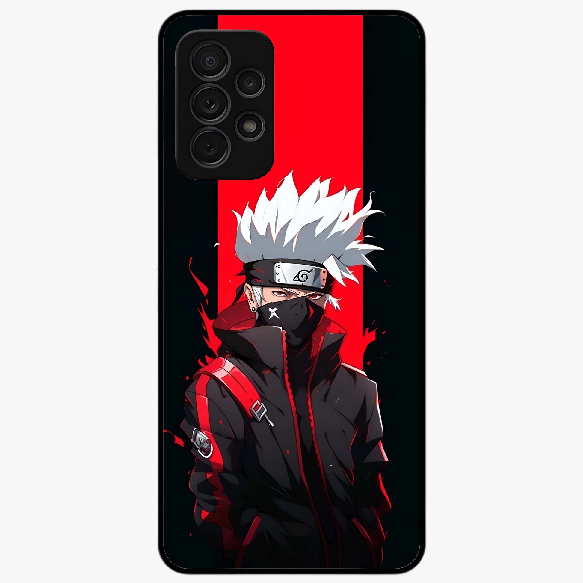 Kakashi Scarlet Shadow Glass Case showing flat back view with powerful anime ninja artwork and glossy glass finish.