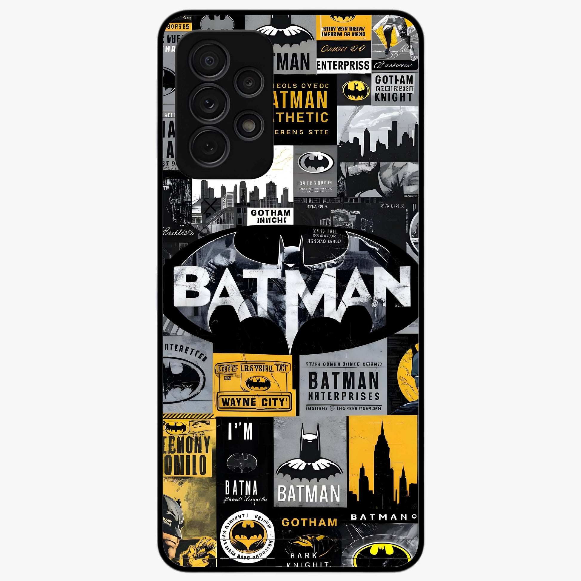 Knight Gotham Rise Glass Case showing flat back view with dark hero inspired artwork and glossy glass finish.