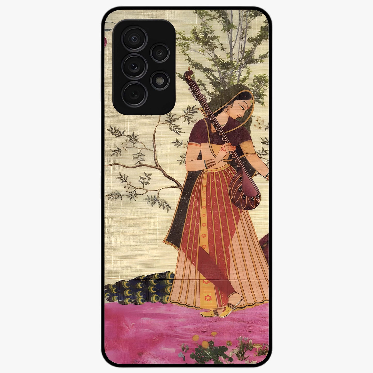 Lady With Veena Art Glass Case showing flat back view with elegant woman playing veena artwork and glossy glass finish.