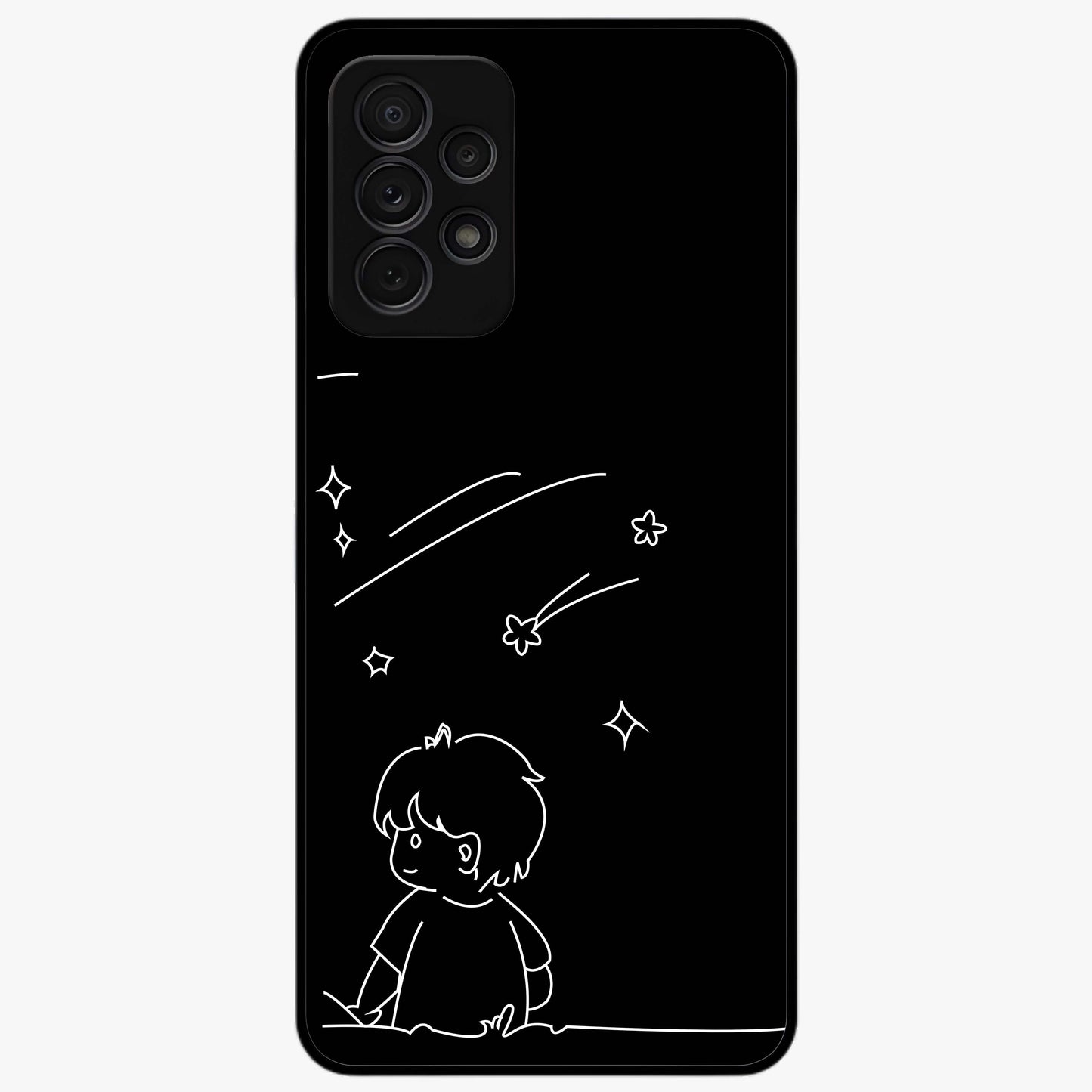 Line Art Boy With Shooting Stars Glass Case showing flat back view with minimal line art boy and shooting stars illustration and glossy glass finish.