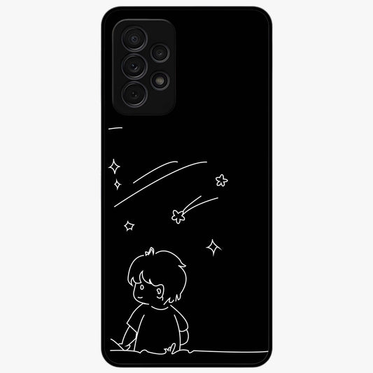 Line Art Boy With Shooting Stars Glass Case showing flat back view with minimal line art boy and shooting stars illustration and glossy glass finish.