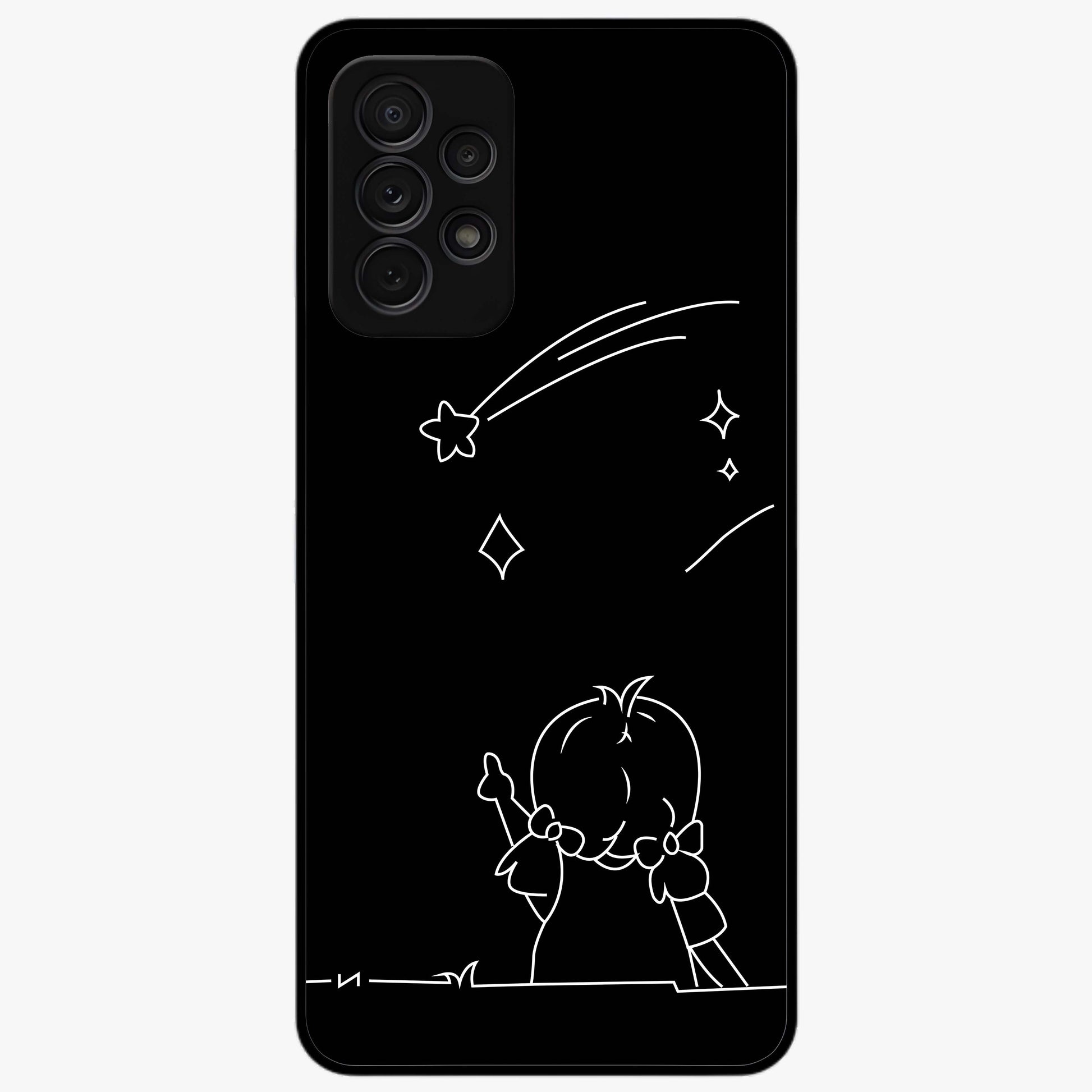 Line Art Girl With Shooting Stars Glass Case showing flat back view with minimal line art girl and shooting stars illustration and glossy glass finish.