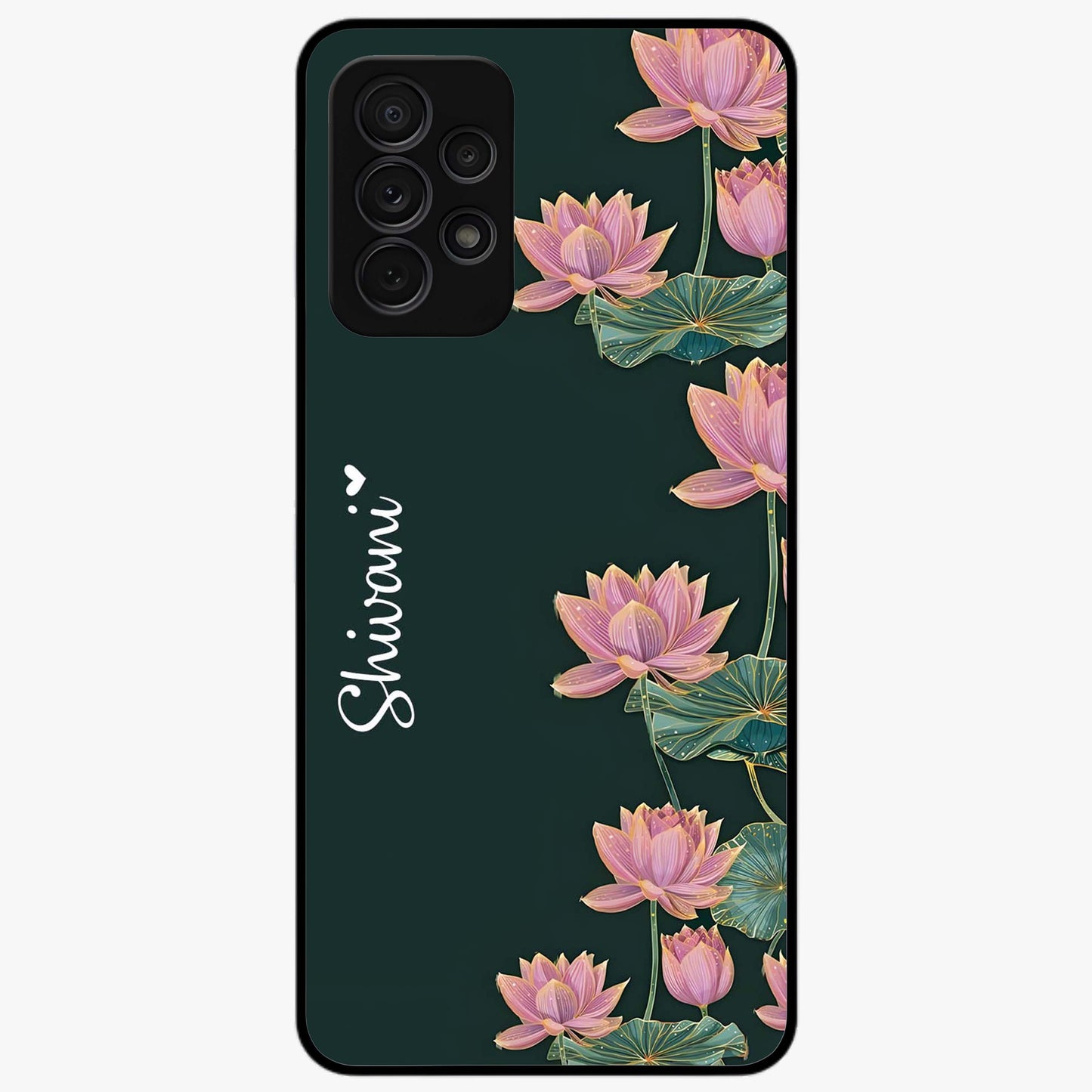 Lotus Bloom Serenity Custom Name Glass Case showing flat back view with elegant lotus flower artwork and personalized name design.