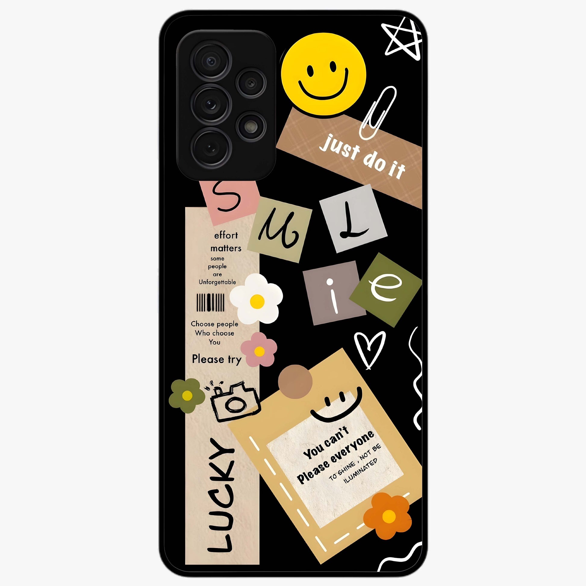 Lucky Aesthetic Collage Glass Case showing flat back view with trendy aesthetic collage artwork and glossy glass finish.