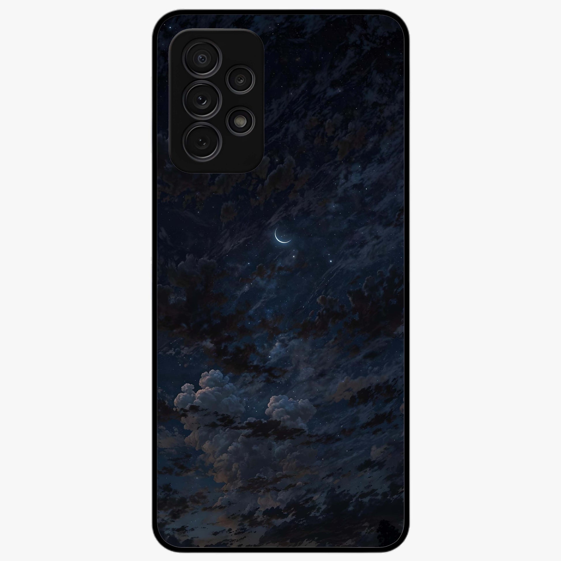 Lunar Veil Silence Glass Case showing flat back view with mystical moon veil artwork and glossy glass finish.