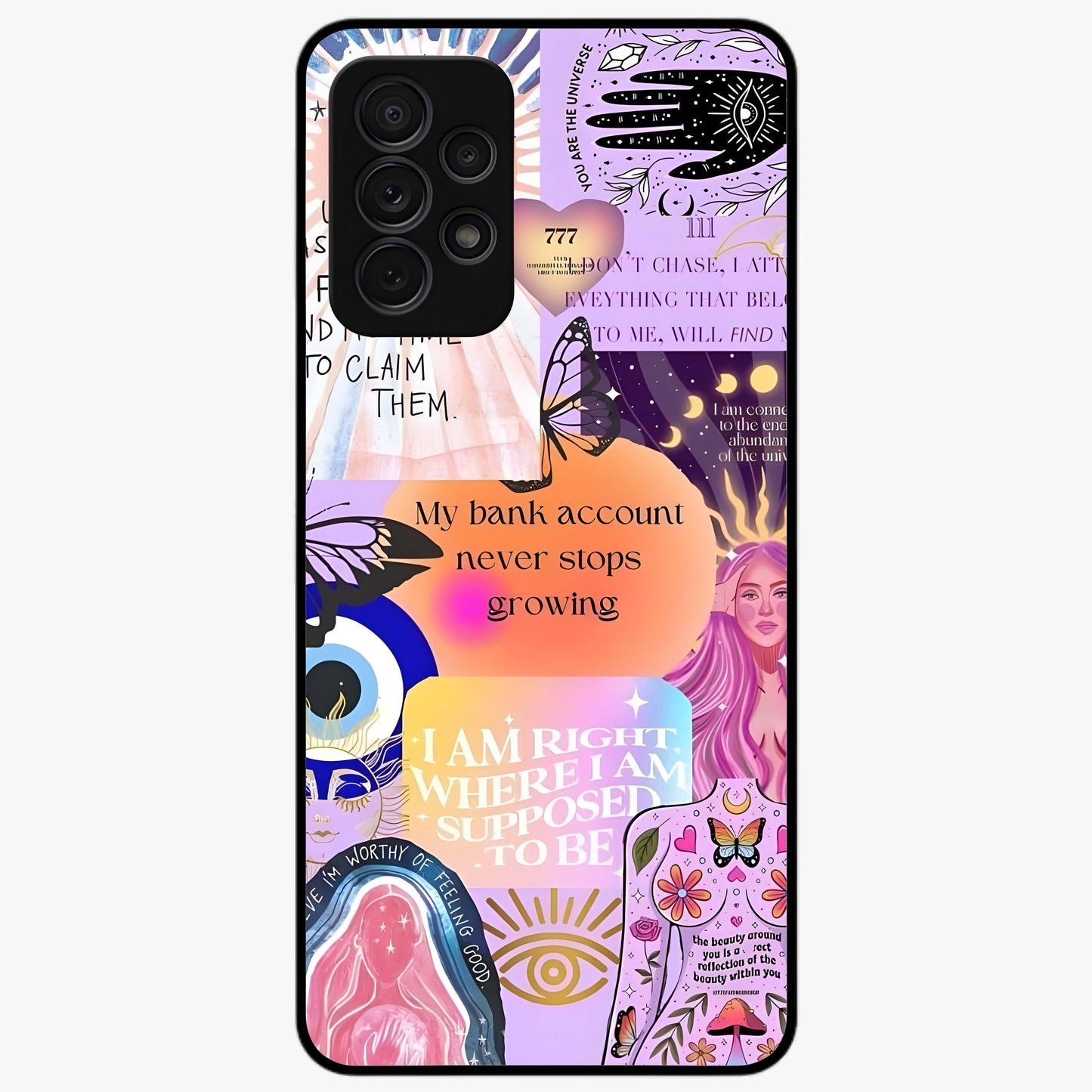 Manifestation Collage Glass Case showing flat back view with motivational collage artwork and glossy glass finish.