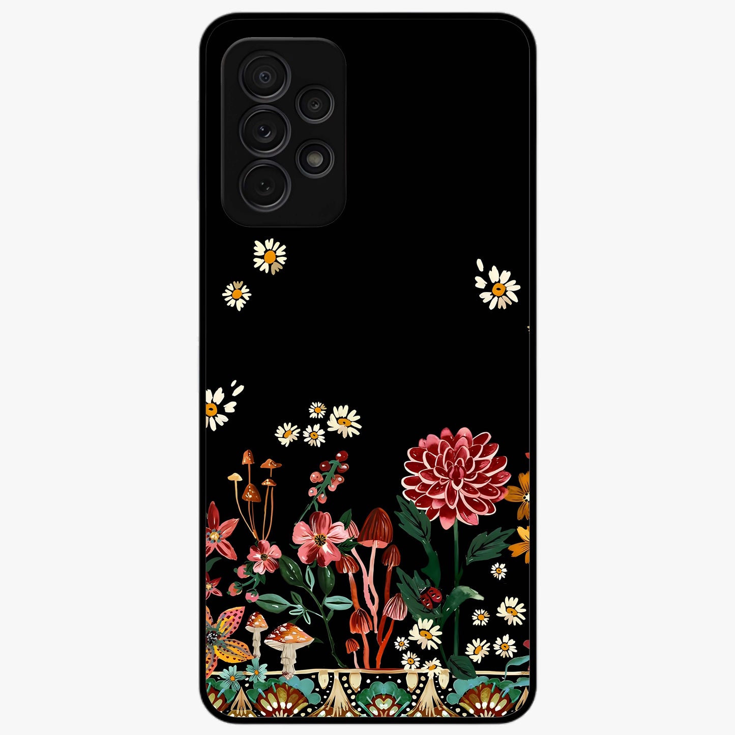 Midnight Bloom Pattern Glass Case showing flat back view with dark floral pattern artwork and glossy glass finish.