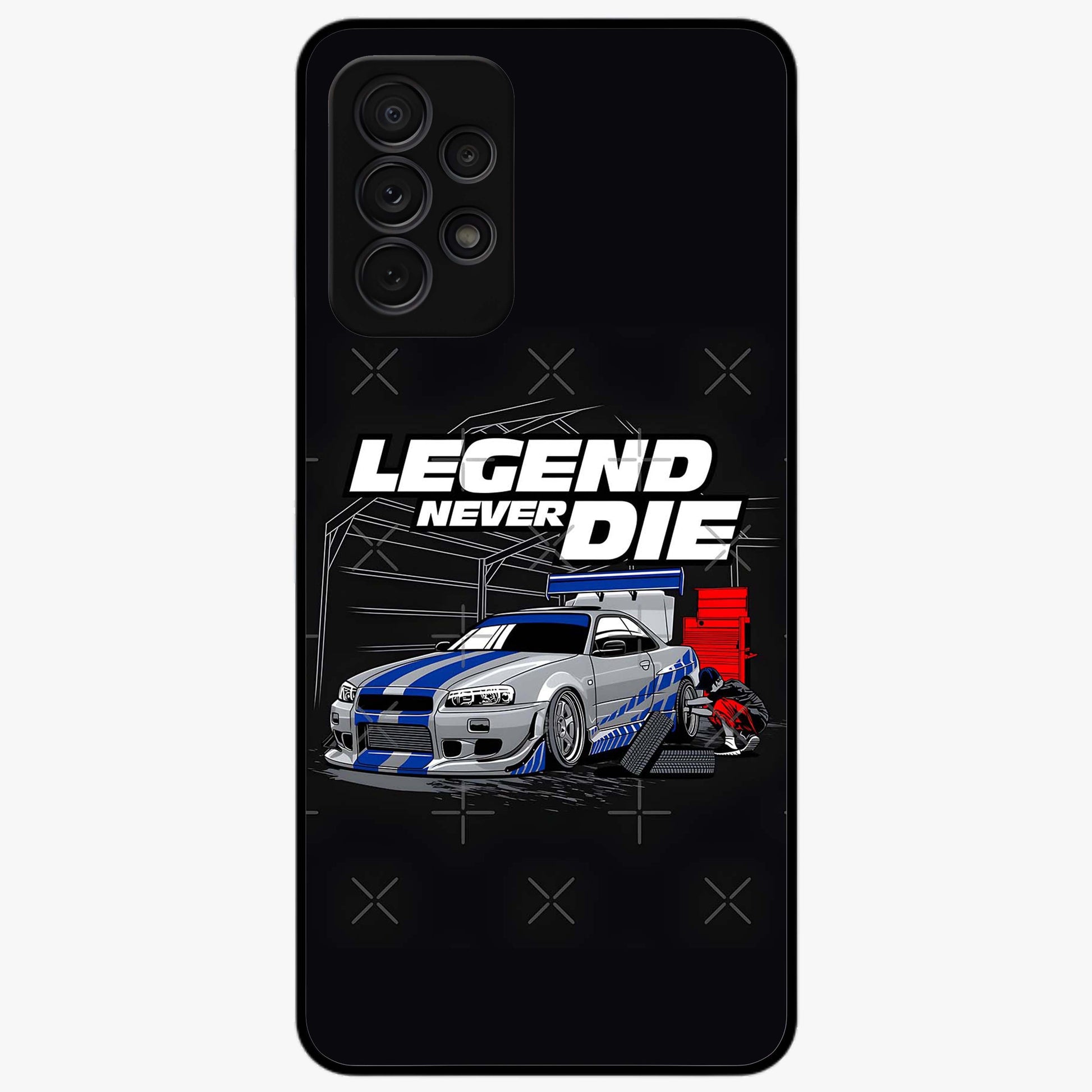 Midnight Racing Legacy Glass Case showing flat back view with sleek racing inspired artwork and glossy glass finish.