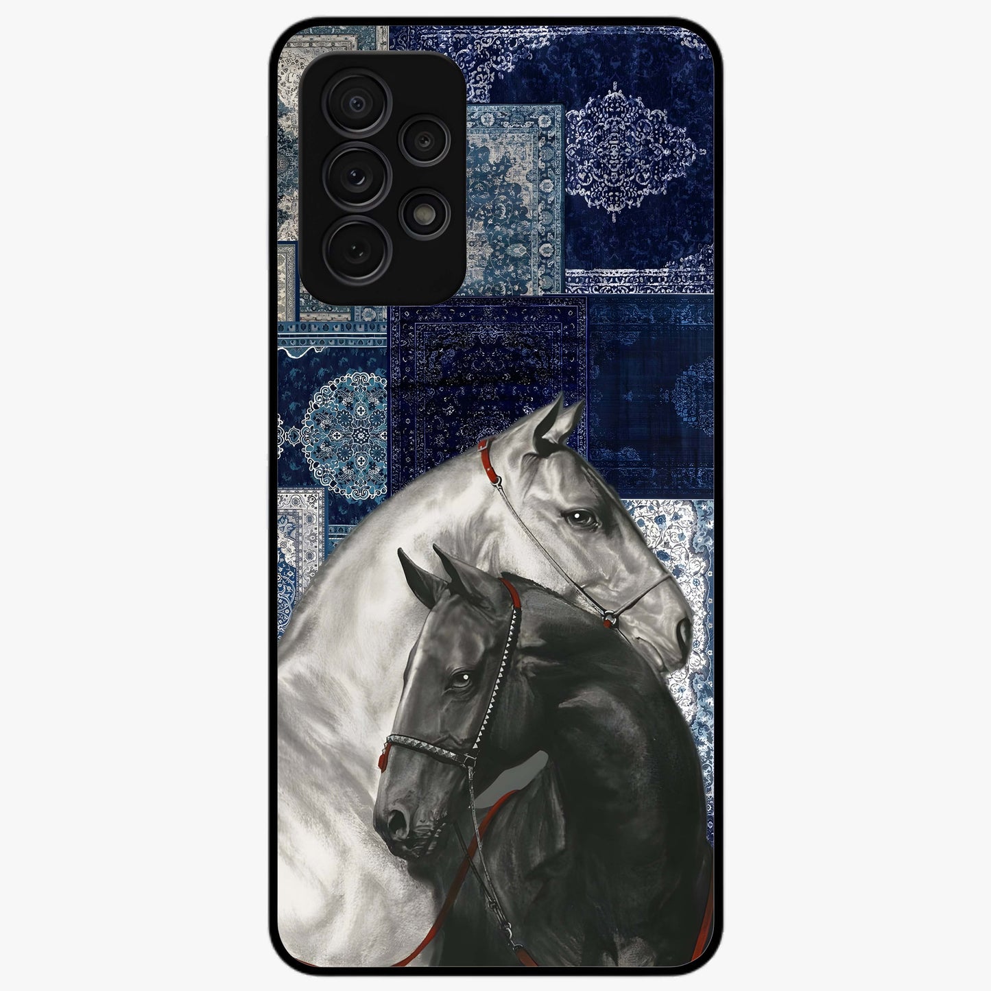 Midnight Stallion Blues Glass Case showing flat back view with majestic horse artwork and glossy glass finish.