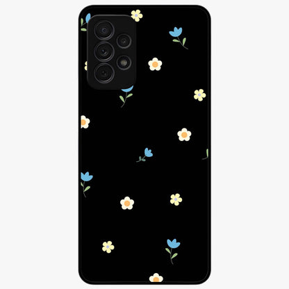 Minimalistic Blue With White Flower Pattern Glass Case showing flat back view with blue background and white flower pattern and glossy glass finish.