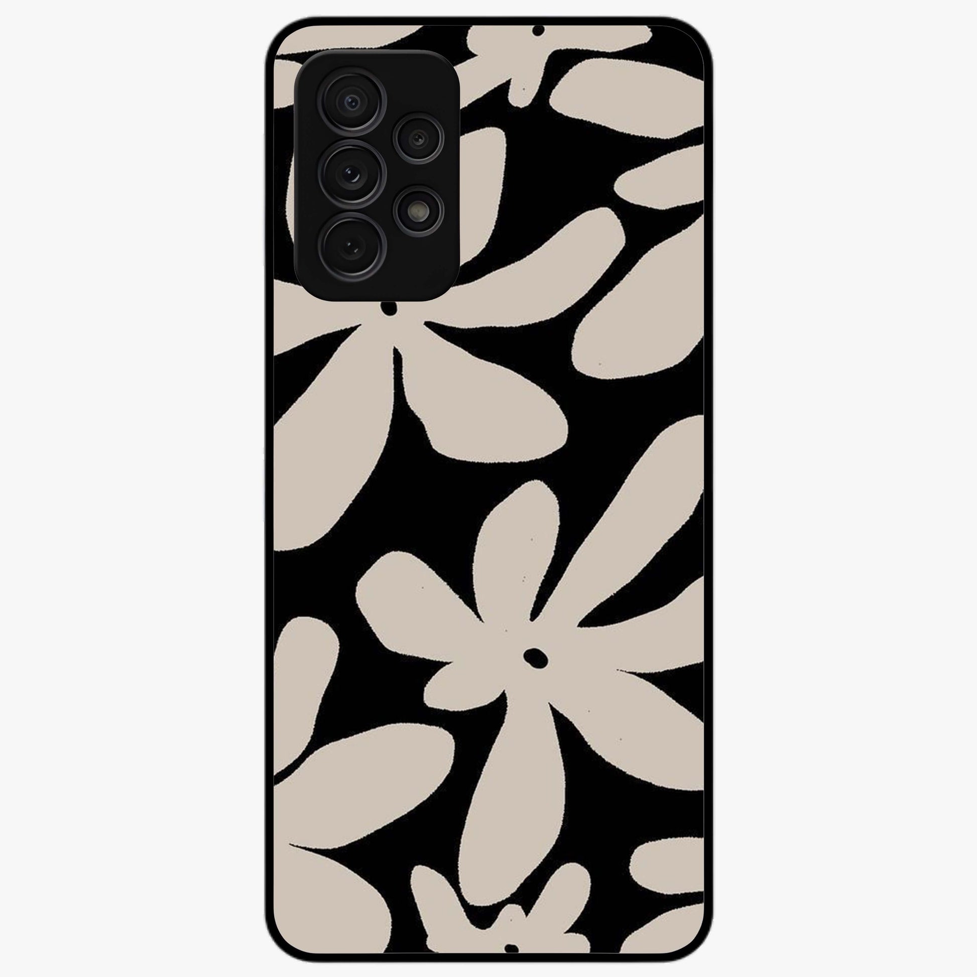 Monochrome Petal Dance Glass Case showing flat back view with monochrome floral artwork and glossy glass finish.