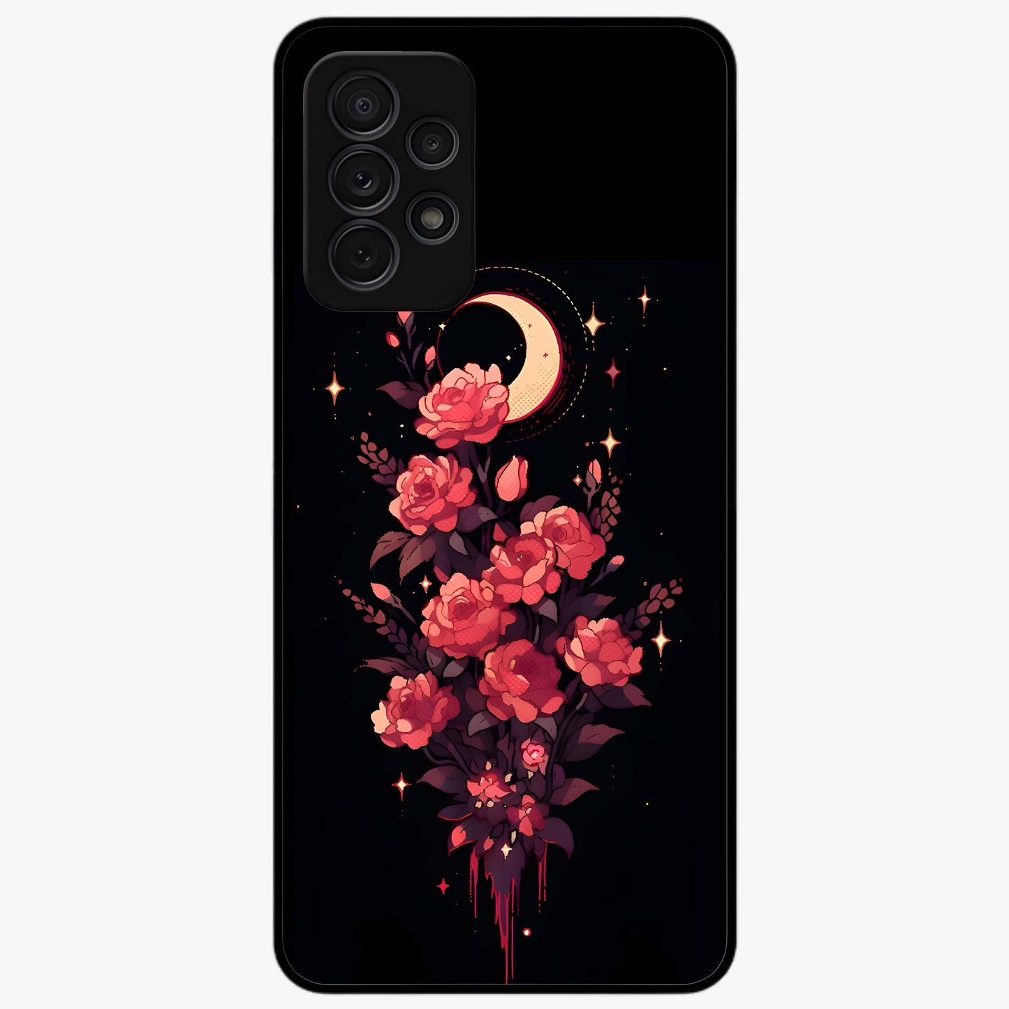 Moonlit Floral Elegance Glass Case showing flat back view with elegant floral artwork under moonlit tones and glossy glass finish.
