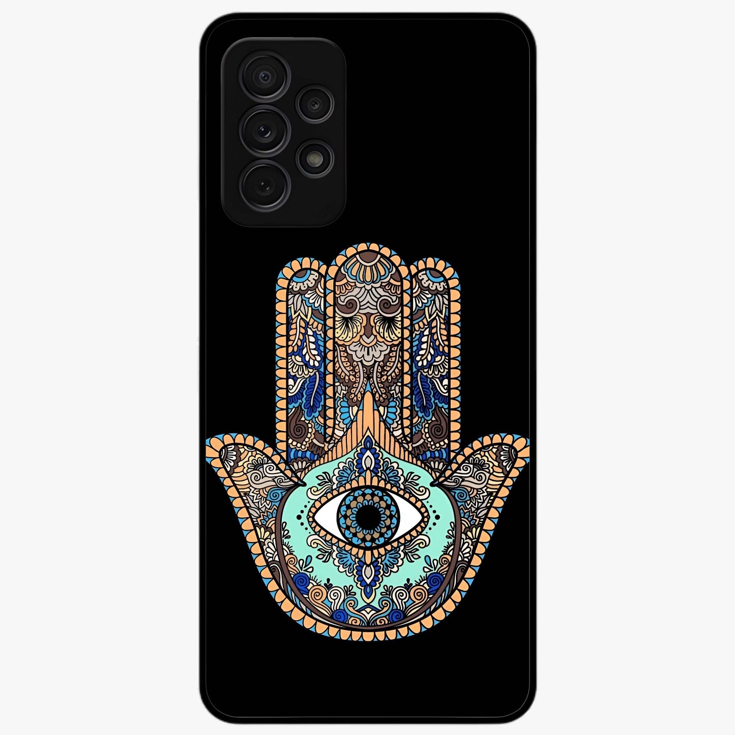 Mystic Hamsa Eye Glass Case showing flat back view with protective hamsa hand and evil eye artwork and glossy glass finish.