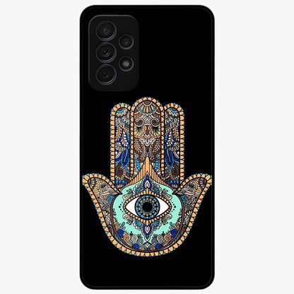 Mystic Hamsa Eye Glass Case showing flat back view with protective hamsa hand and evil eye artwork and glossy glass finish.