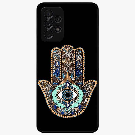 Mystic Hamsa Eye Glass Case showing flat back view with protective hamsa hand and evil eye artwork and glossy glass finish.