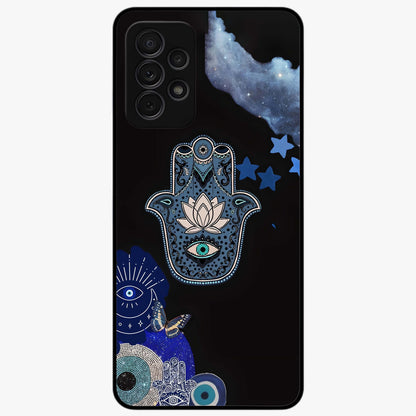 Mystic Hand Aura Glass Case showing flat back view with mystical hand symbol artwork and glossy glass finish.