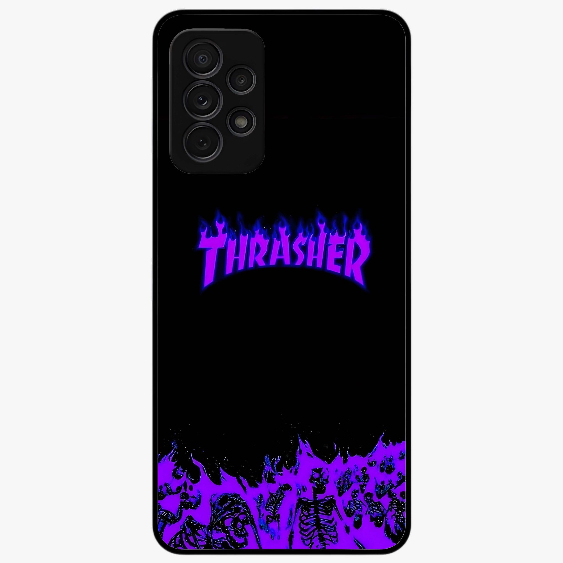 Neon Flame Riot Glass Case showing flat back view with neon flame artwork and glossy glass finish.