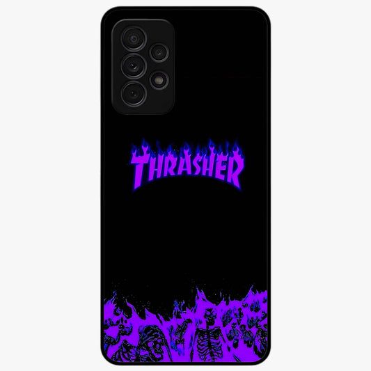 Neon Flame Riot Glass Case showing flat back view with neon flame artwork and glossy glass finish.
