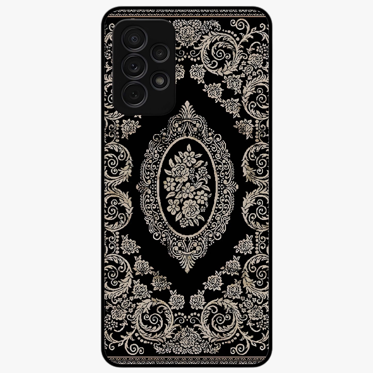 Noir Bloom Elegance Glass Case showing flat back view with elegant dark floral artwork and glossy glass finish.