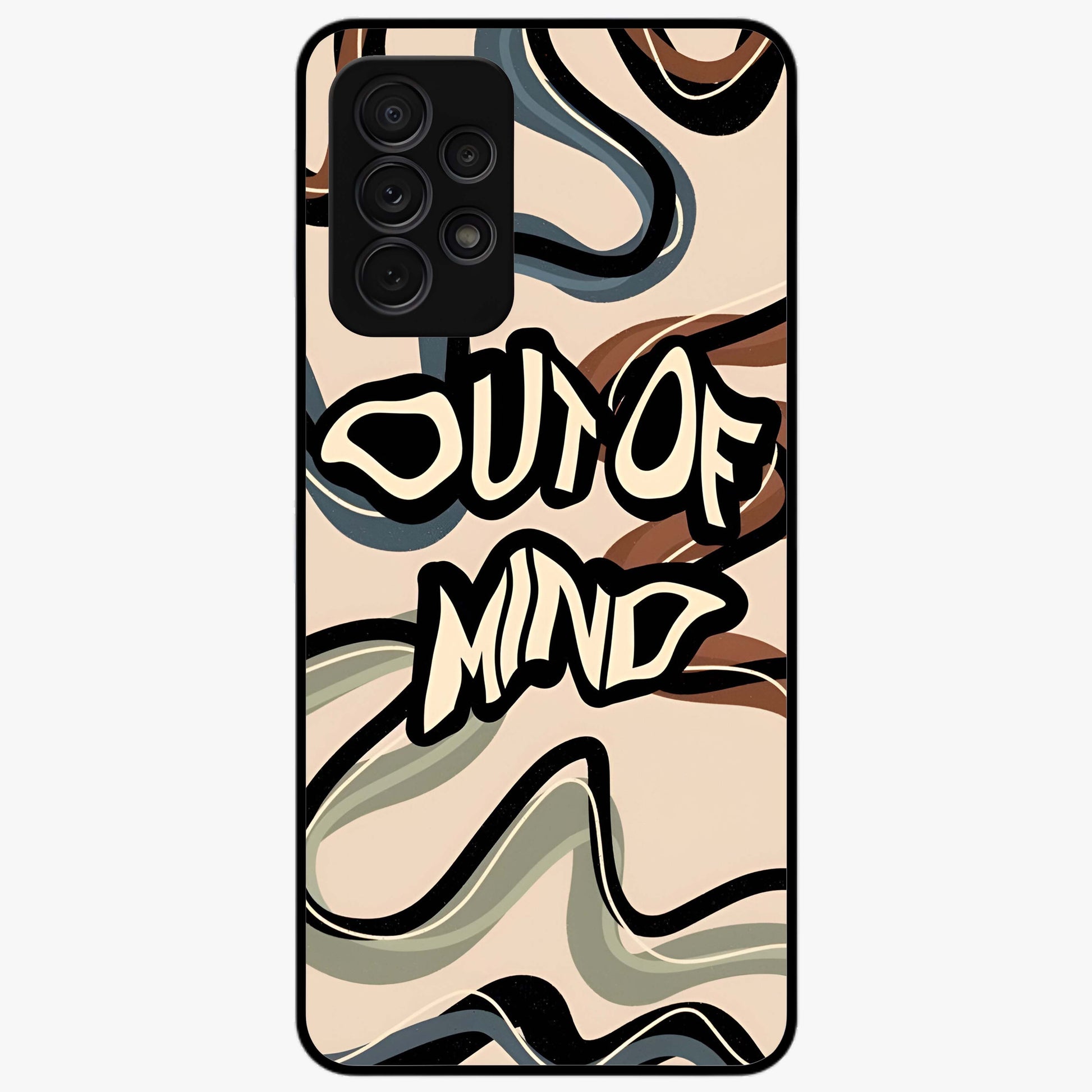 Out Of Mind Glass Case showing flat back view with expressive typography artwork and glossy glass finish.