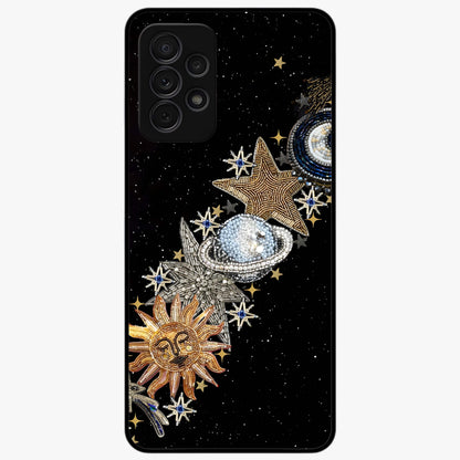 Pearls Universe Object Glass Case showing flat back view with pearl inspired cosmic artwork and glossy glass finish.