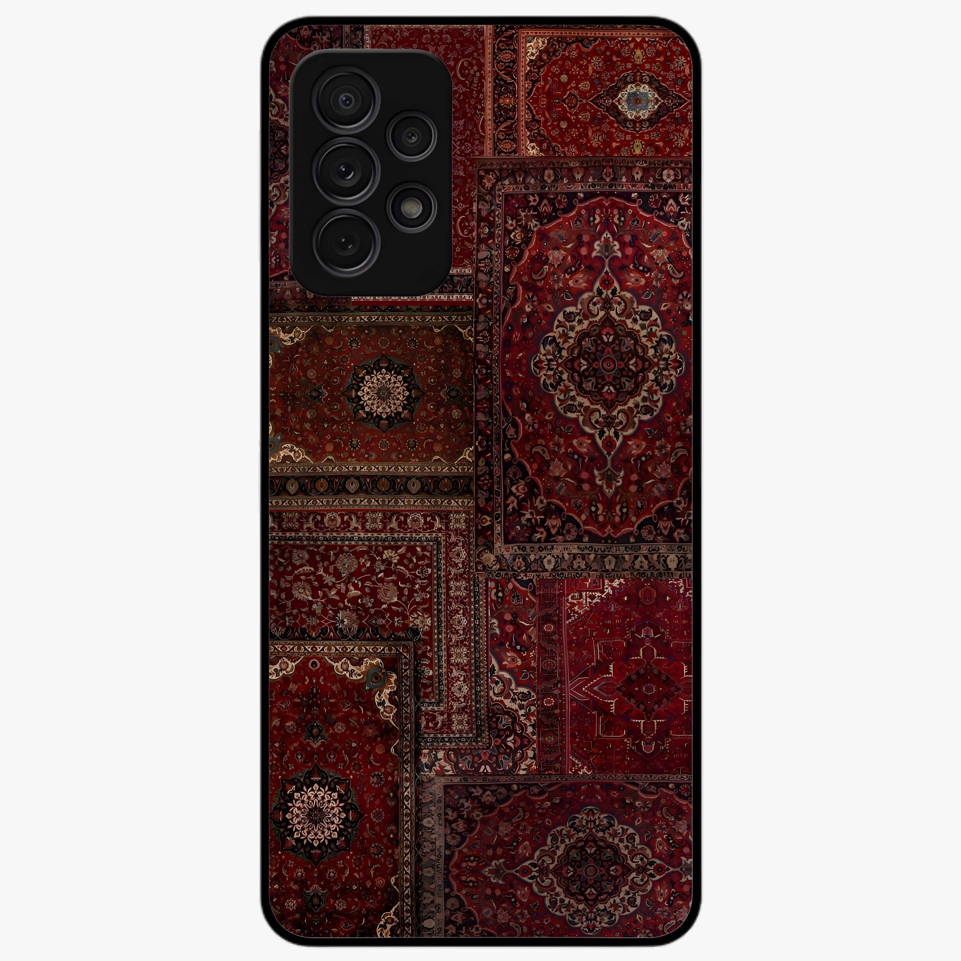 Persian Velvet Tale Glass Case showing flat back view with luxurious Persian velvet pattern artwork and glossy glass finish.