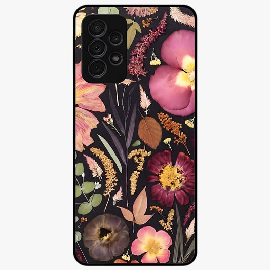 Petal Dream Tapestry Glass Case showing flat back view with intricate floral tapestry artwork and glossy glass finish.