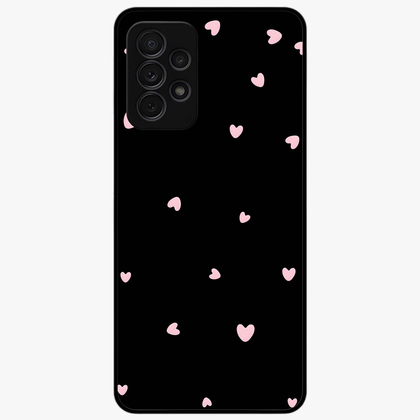 Pink Love Drops Glass Case showing flat back view with playful pink heart drops artwork and glossy glass finish.