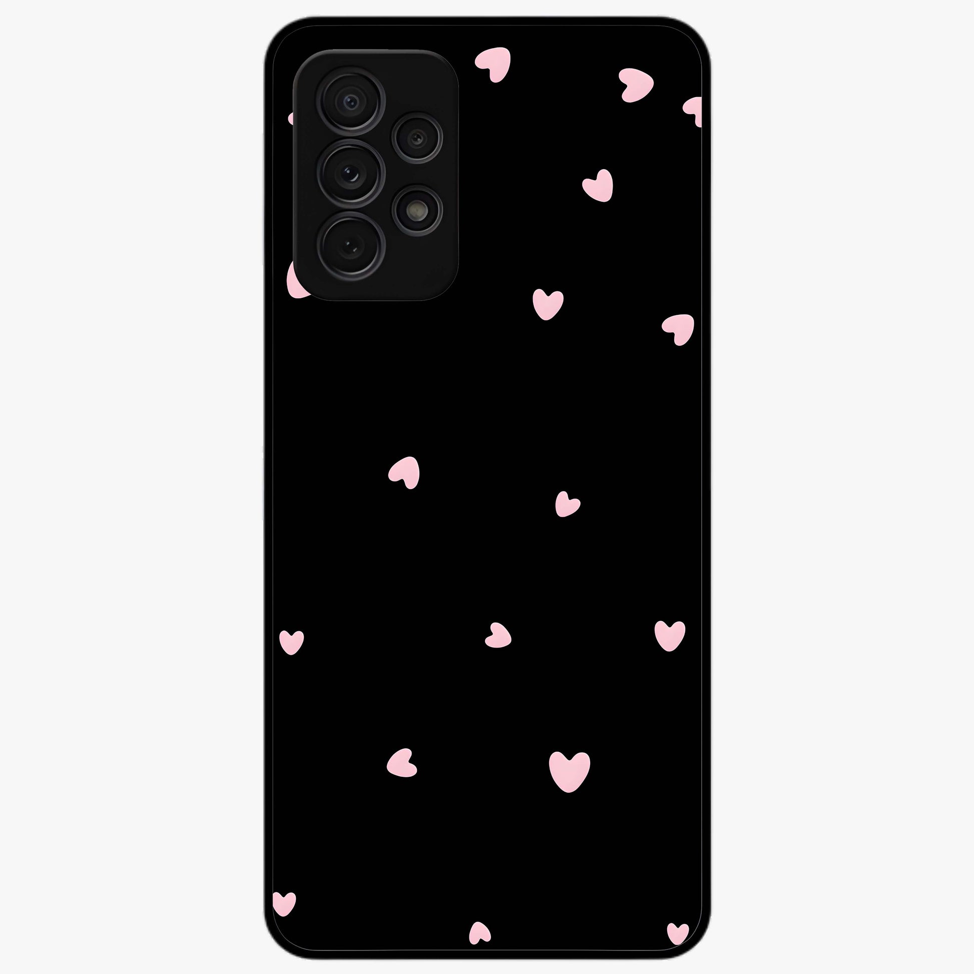 Pink Love Drops Glass Case showing flat back view with playful pink heart drops artwork and glossy glass finish.