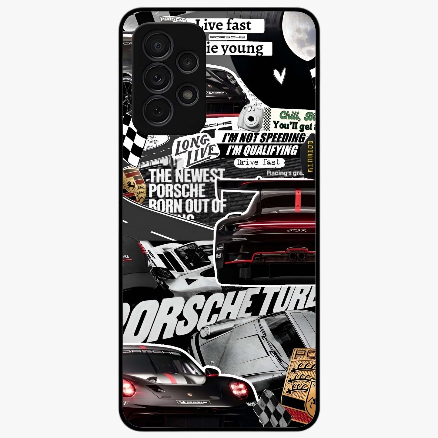 Porsche Racing Collage Glass Case showing flat back view with sports car racing collage artwork and glossy glass finish.