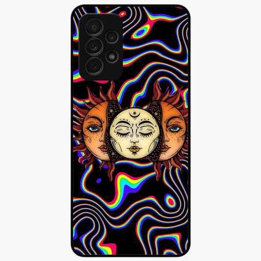 Psychedelic Sun Glass Case showing flat back view with colorful psychedelic sun artwork and glossy glass finish.