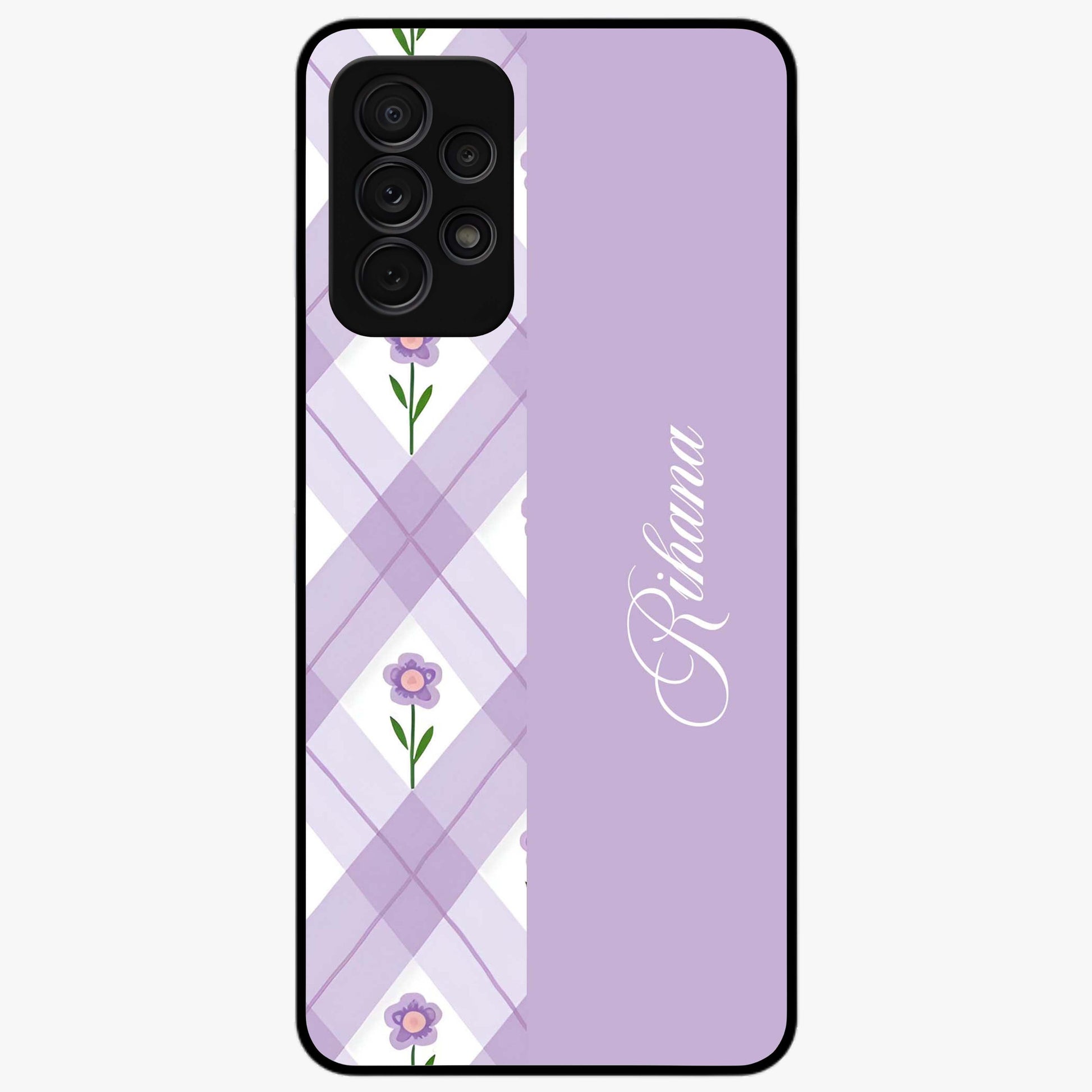 Purple Diamond Floral Glass Case showing flat back view with diamond shaped floral artwork and glossy glass finish.