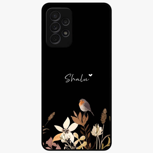 Quiet Garden Tune Custom Name Glass Case showing flat back view with peaceful garden artwork and personalized name design.