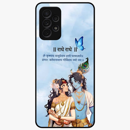 Radha Krishna Eternal Glass Case showing flat back view with Radha Krishna devotional artwork and glossy glass finish.