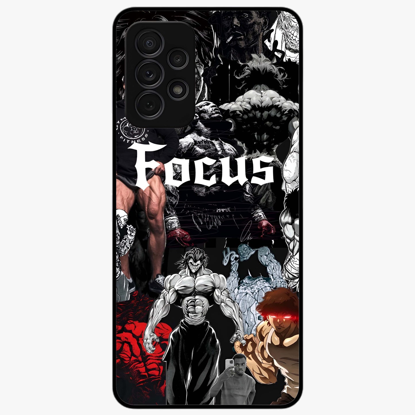 Relentless Power Focus Glass Case showing flat back view with motivational typography artwork and glossy glass finish.