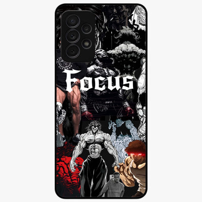 Relentless Power Focus Glass Case showing flat back view with motivational typography artwork and glossy glass finish.