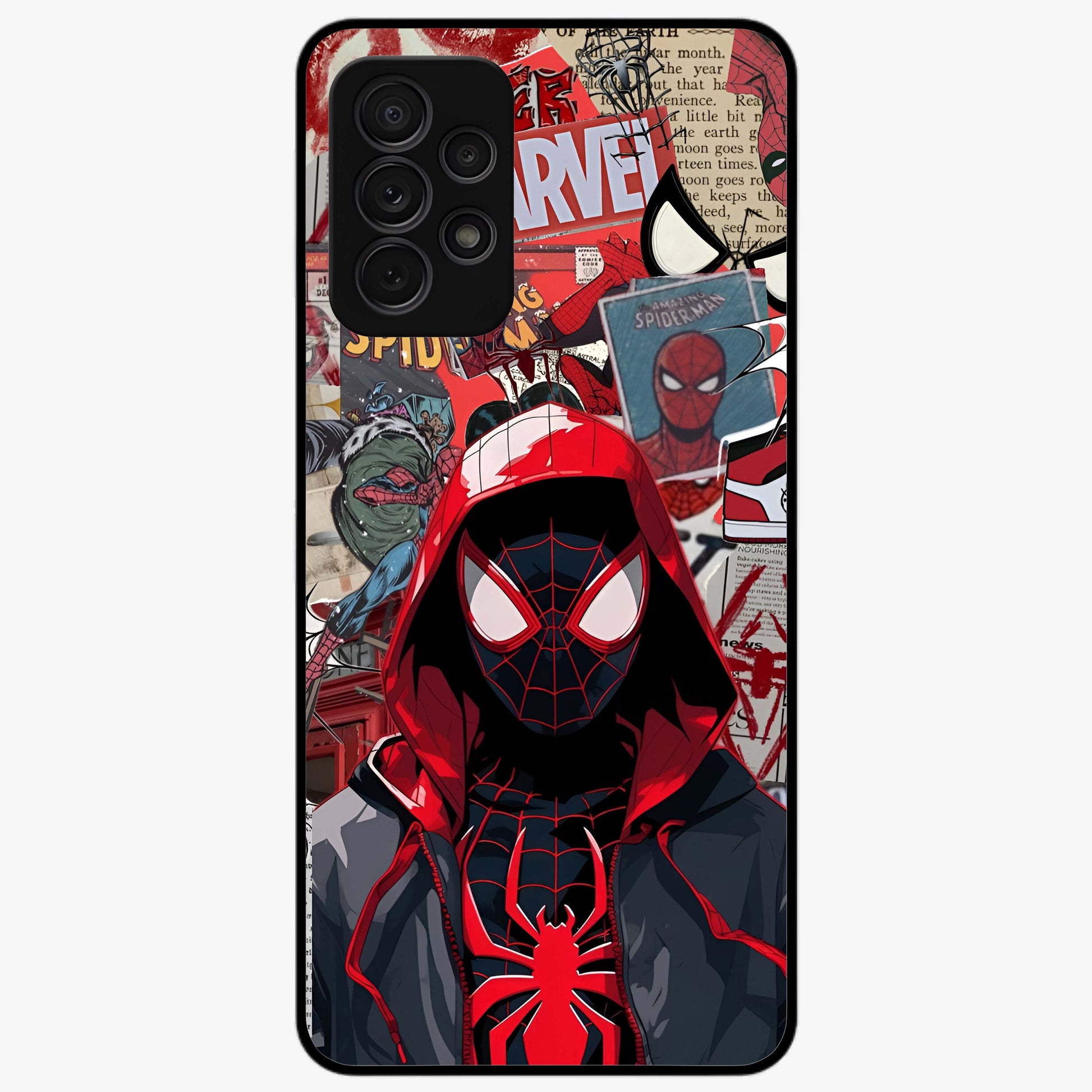 Spider Collage Street Glass Case showing flat back view with vibrant superhero collage artwork and glossy glass finish.