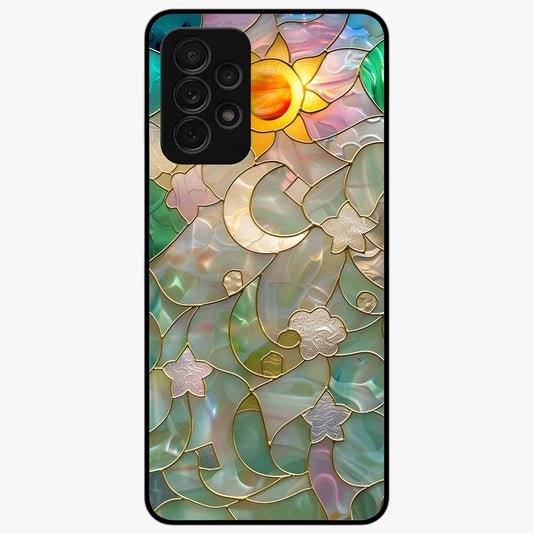 Stained Sunrise Glow Glass Case showing flat back view with glowing sunrise stained pattern artwork and glossy glass finish.