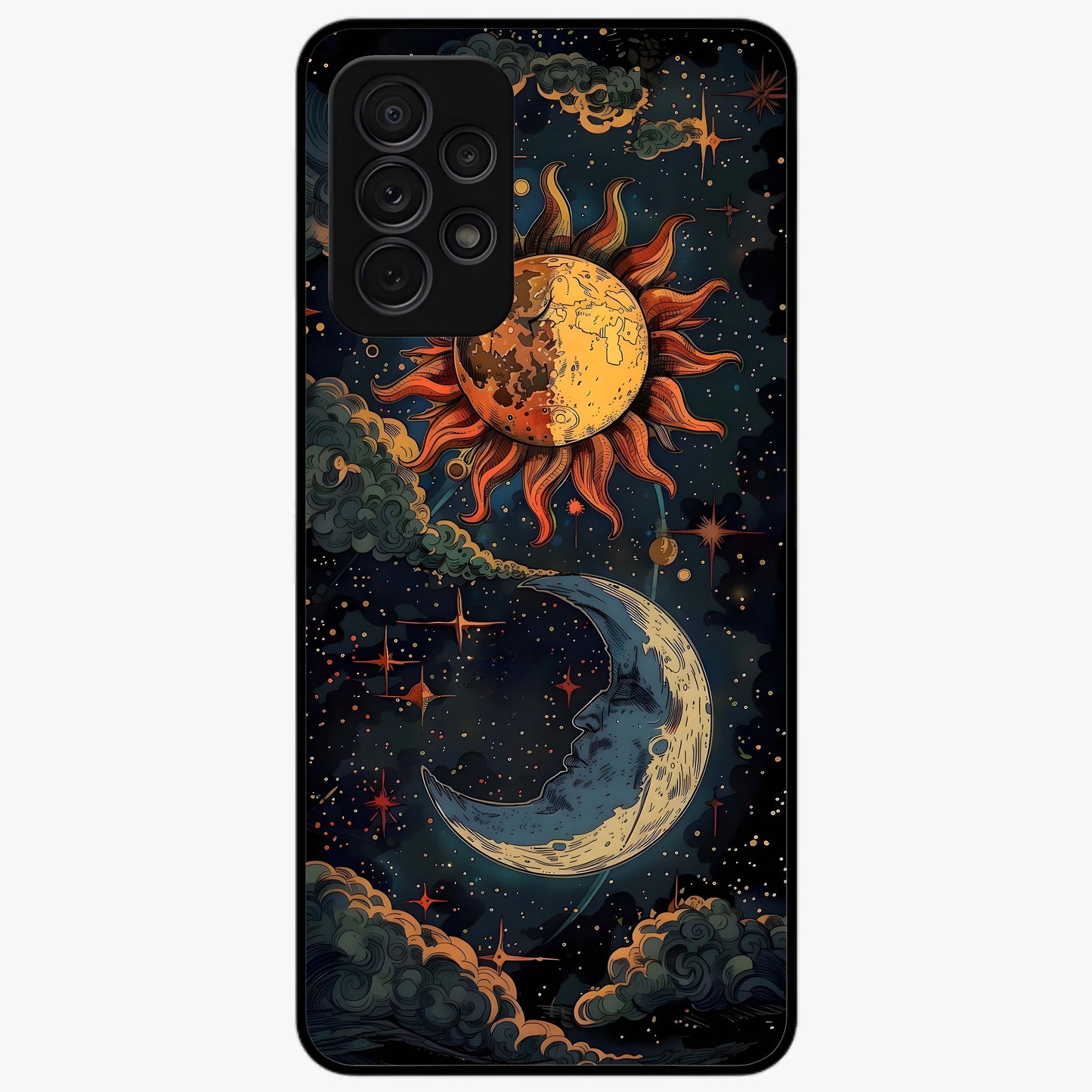 Sun And Moon Magic Design Glass Case showing flat back view with mystical sun and moon artwork and glossy glass finish.