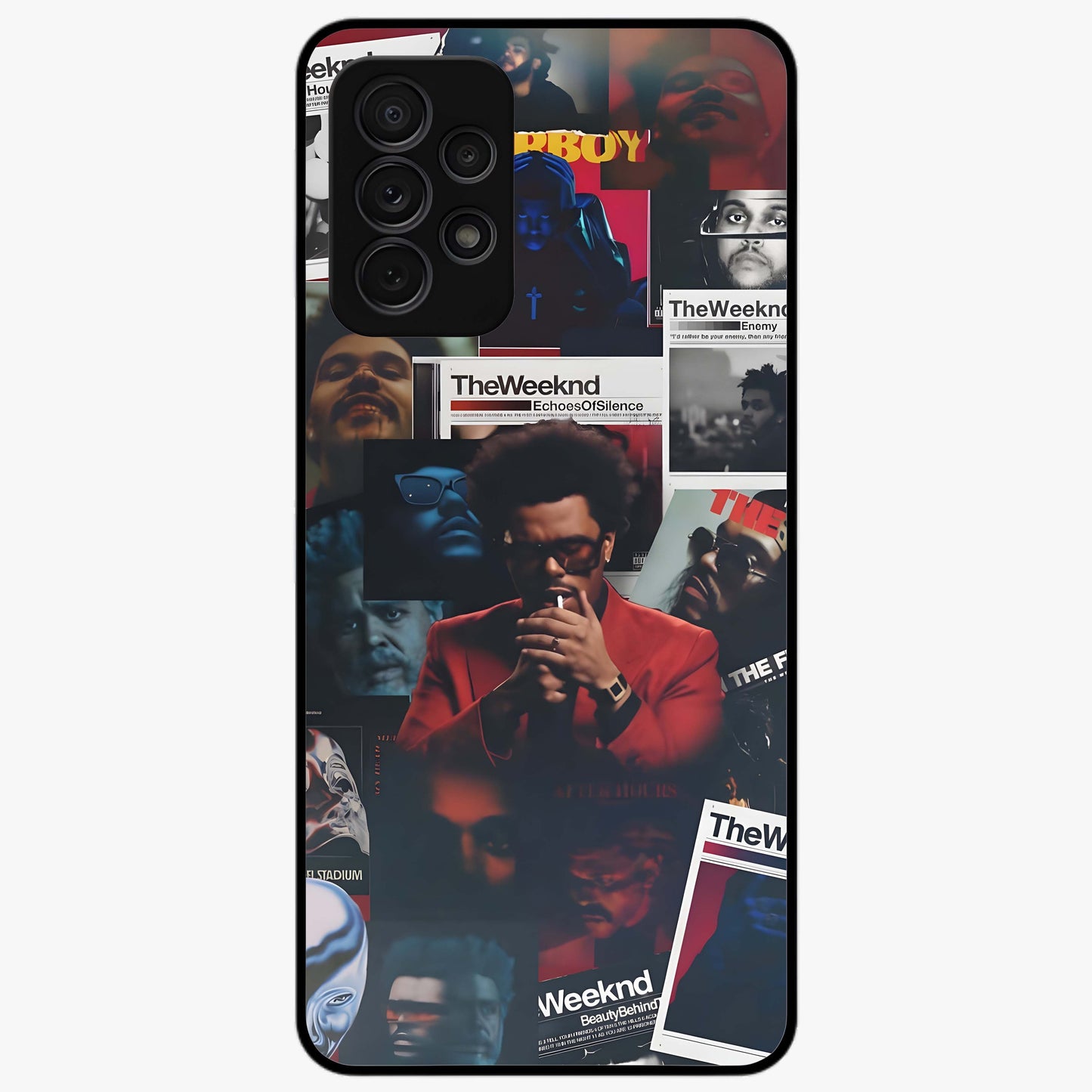The Weeknd Glass Case showing flat back view with music inspired artistic portrait artwork and glossy glass finish.