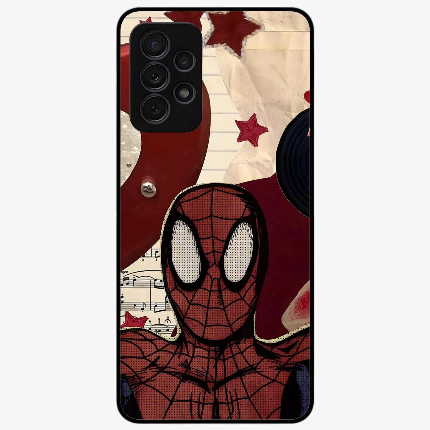 Web Warrior Vibes Glass Case showing flat back view with superhero inspired web themed artwork and glossy glass finish.