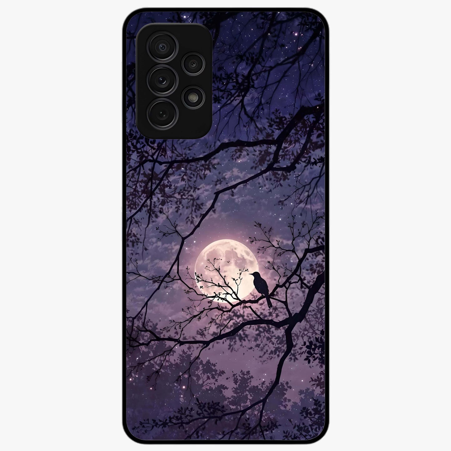 Whispering Moon Silence Glass Case showing flat back view with serene moon themed artwork and glossy glass finish.