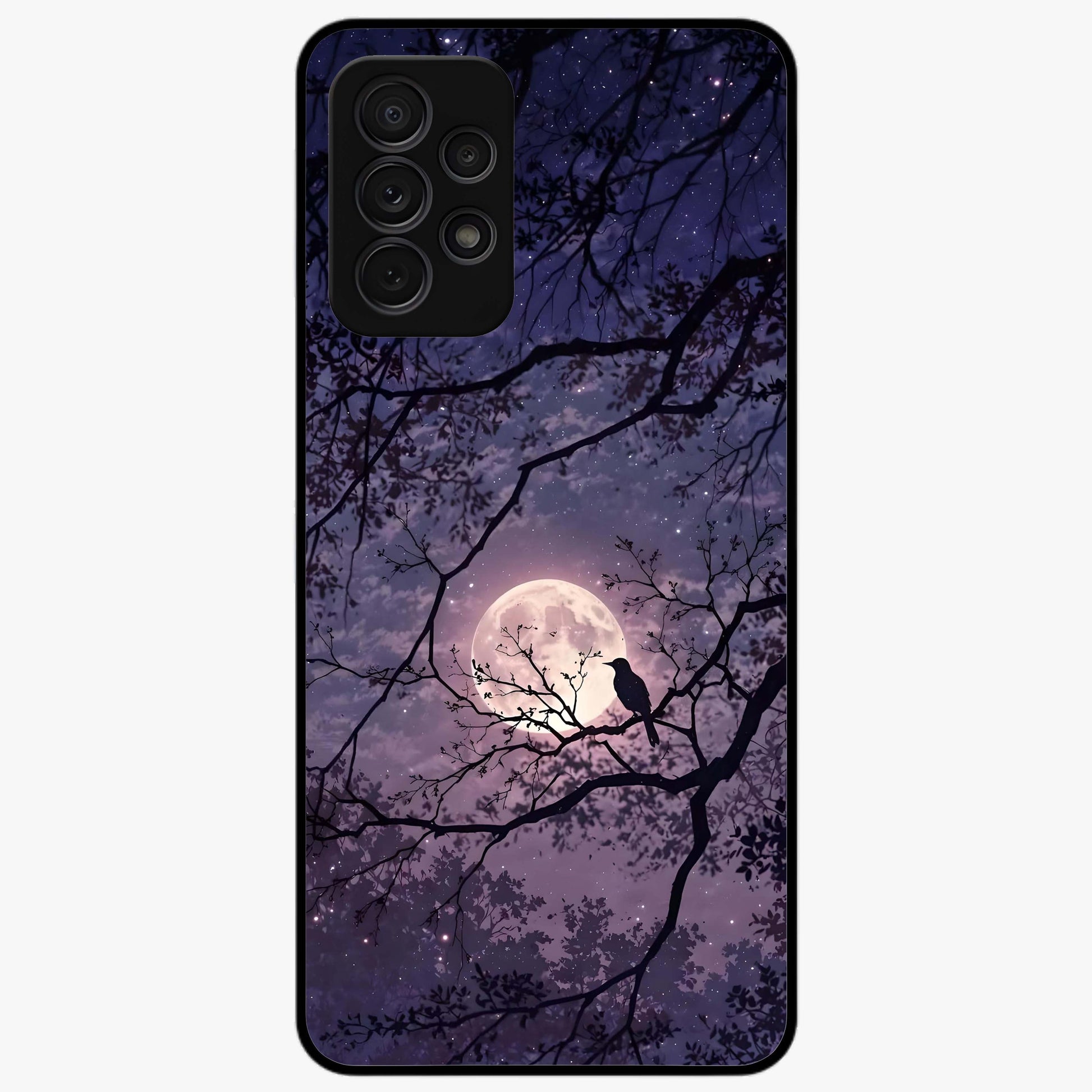 Whispering Moon Silence Glass Case showing flat back view with serene moon themed artwork and glossy glass finish.
