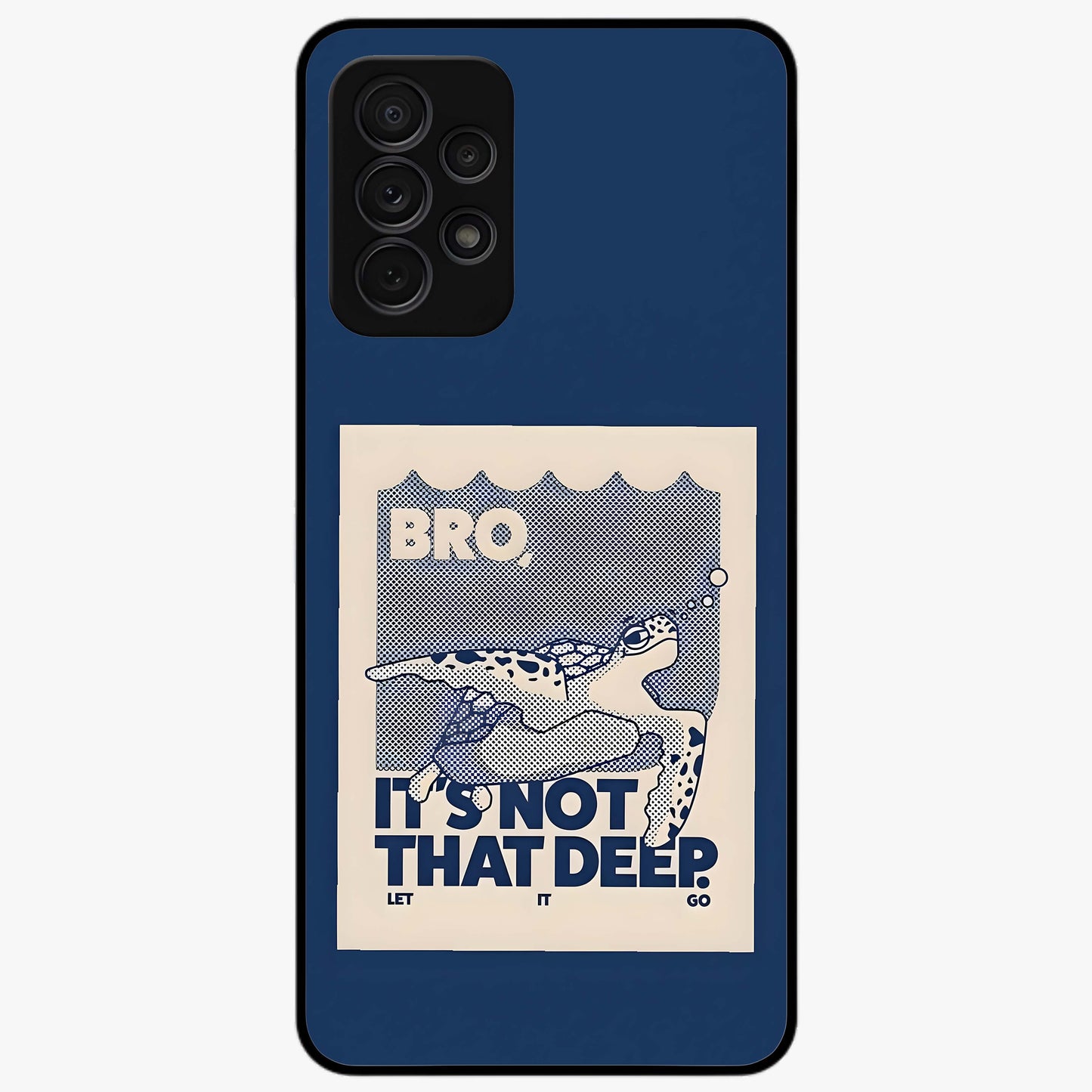 Worry Less Swim Glass Case showing flat back view with playful motivational artwork and glossy glass finish.