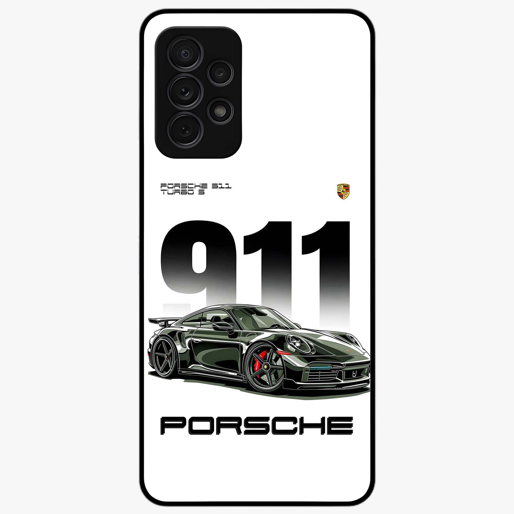 911 Turbo Dominance Glass Case showing clean flat back view with bold 911 sports car artwork and glossy glass finish.
