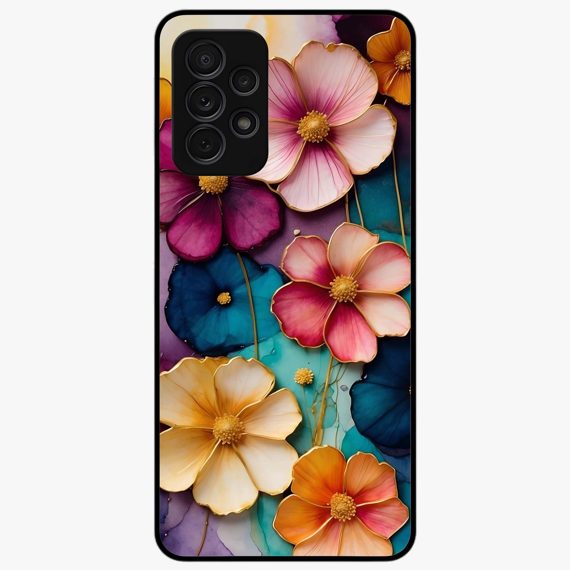 Artlyn Grace Flower Pattern Glass Case showing flat back view with elegant floral pattern artwork and glossy glass finish.