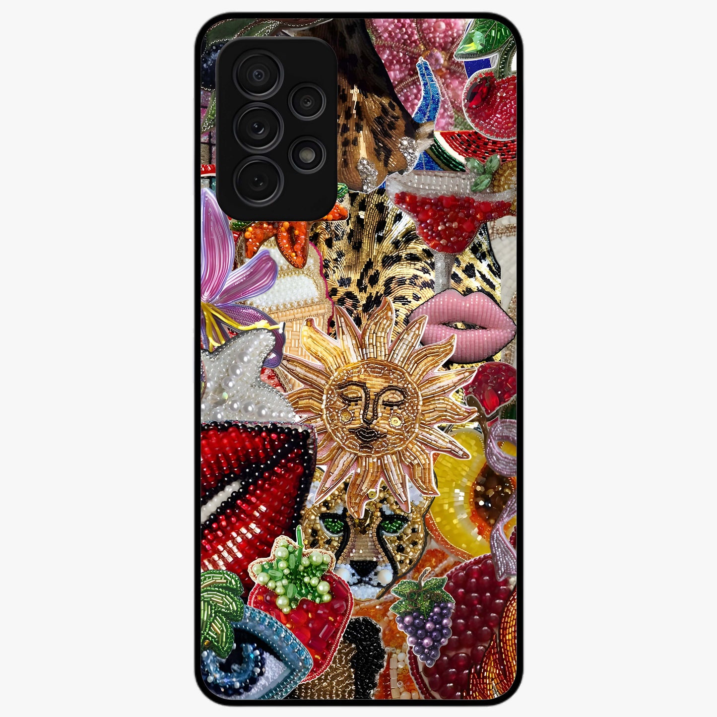 Beaded Fashion Jungle Glass Case showing flat back view with vibrant jungle inspired bead artwork and glossy glass finish.
